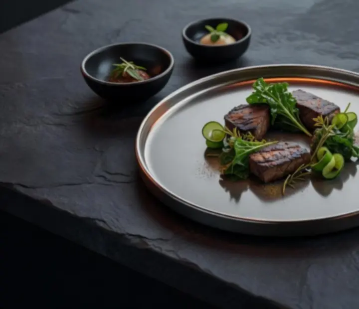 Modern gastronomy dishes on a dark carbon tabletop at Sable Circle in Perth