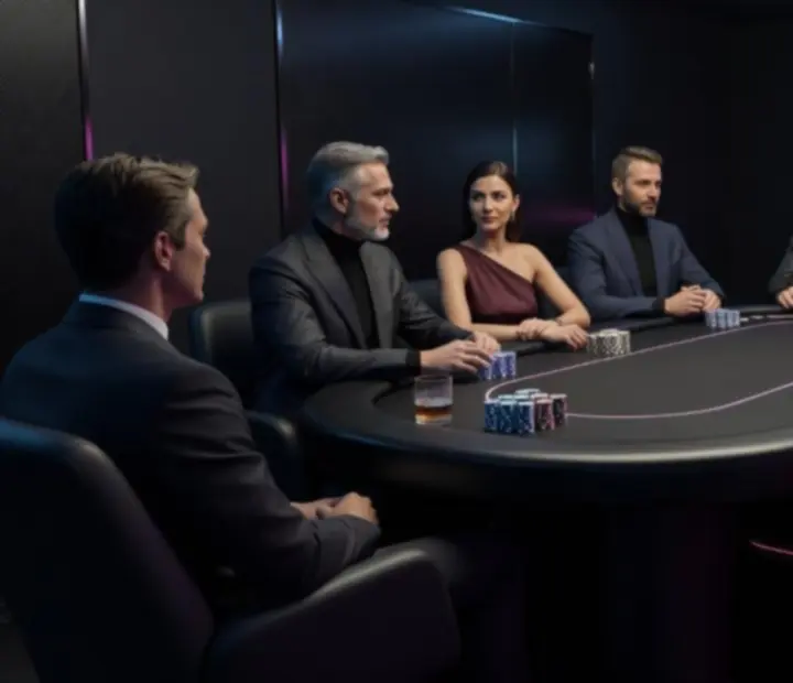 VIP guests seated in a high-tech card lounge with custom felt poker tables and ceramic chip stacks