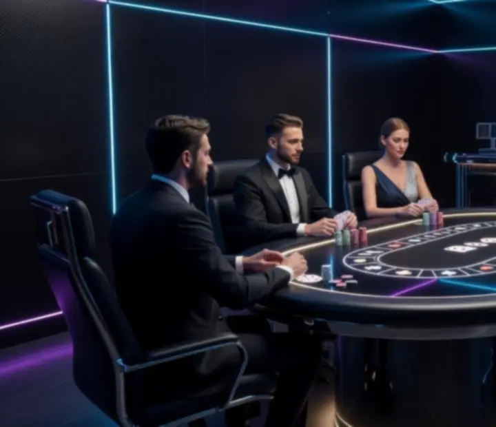 Carbon-panelled executive card lounge at Sable Circle with illuminated poker felt tables