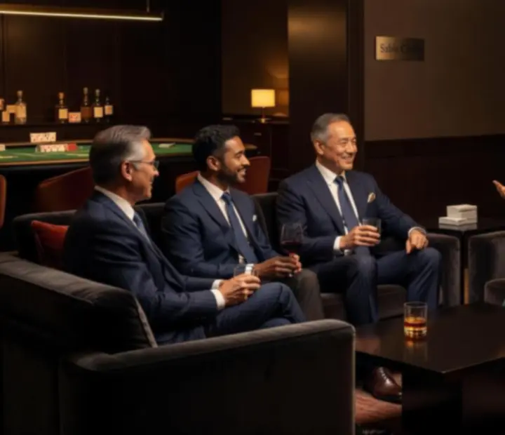 Members relaxing in a dimly lit lounge beside an illuminated poker table