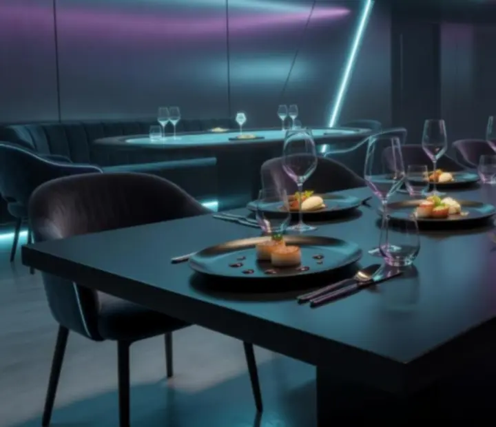 Modern culinary presentation in a dark cyber-style Perth restaurant with poker lounge influences