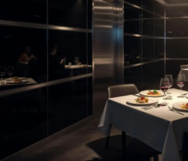 Private dining table in a dark carbon lounge with modern Australian dishes and soft neon lighting