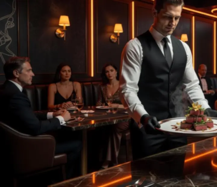 Tableside service in a neon-lit dining room connected to a poker lounge